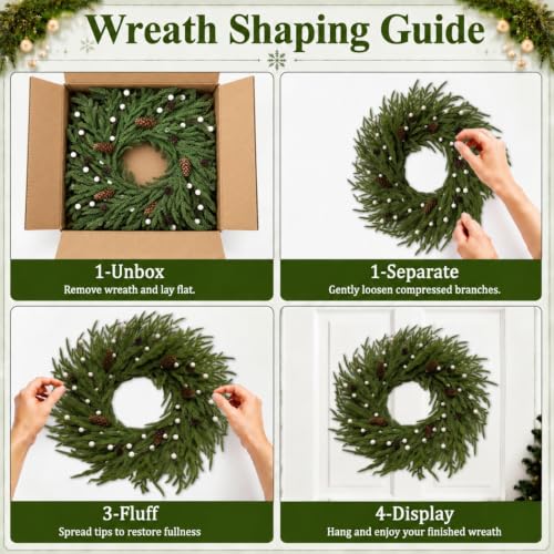 24 Inch Pre-Lit Cedar Christmas Wreath with Red Berries and Pinecones