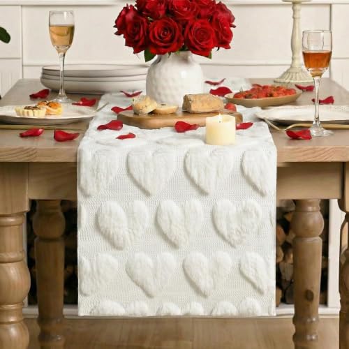 White Soft Plush Faux Fur Love Heart Valentine’s Table Runner 13x72 Inch Variation of THIS listing