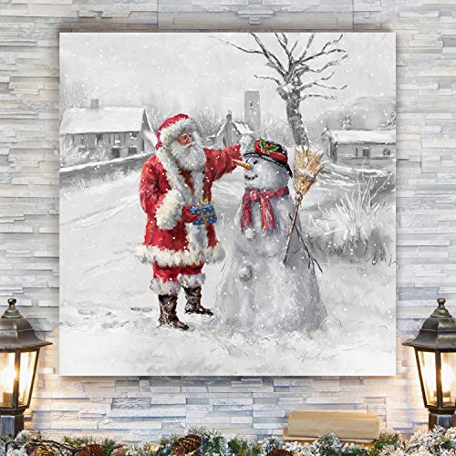 Christmas Canvas Wall Art - Joyful Santa and Snowman 32x32 Inches