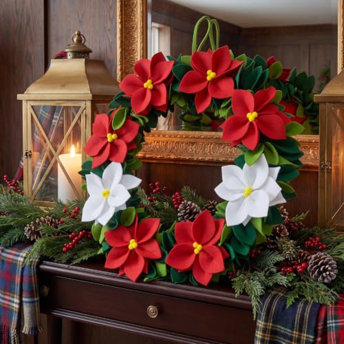 18-Inch Felt Poinsettia Wreath - Red & White Floral Holiday Decoration (Variation: Red / Red White Flower)