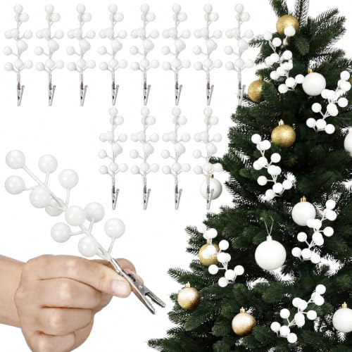 18 Pack White Christmas Berry Stems with Clips for Holiday Decorations - Berry / White