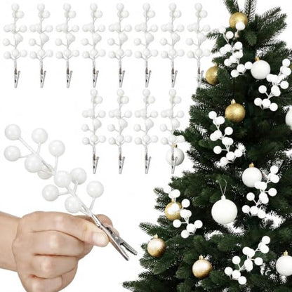 18 Pack White Christmas Berry Stems with Clips for Holiday Decorations - Berry / White