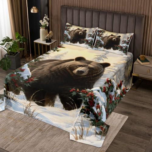 Feelyou Bear Bedspread Set King Size Cranberry & Glacier 3 Pieces