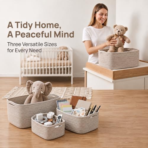 Brown 3-Pack Woven Cotton Rope Storage Baskets - Set of 3 Sizes