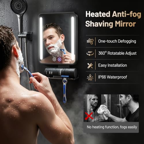 Fogless Shower Mirror for Shaving with Light - Black