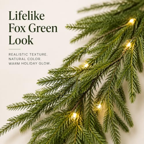 9FT Christmas Norfolk Pine Garland with 20 LED Lights - Real Touch Greenery, Battery Powered