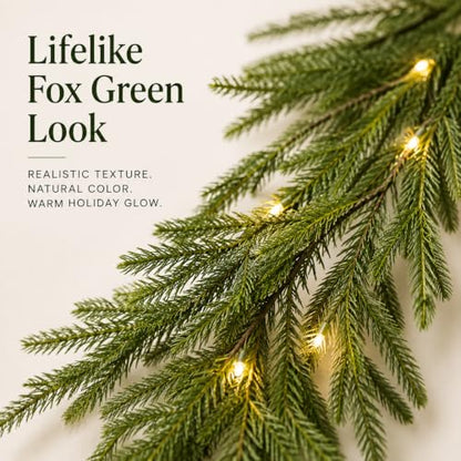 9FT Christmas Norfolk Pine Garland with 20 LED Lights - Real Touch Greenery, Battery Powered