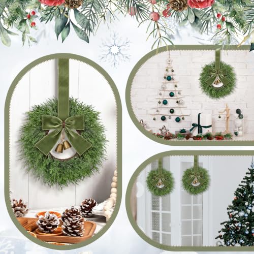 Small Christmas Wreaths with Olive Green Velvet Ribbons - 4 Pack