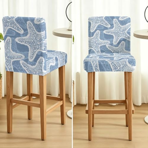 Blue Nautical Starfish Bar Stool Covers Set of 6 - Coastal Stretch Dining Chair Slipcovers