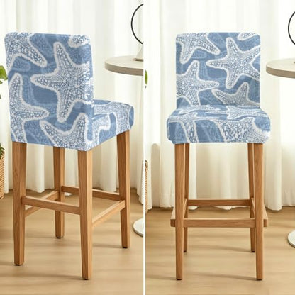 Blue Nautical Starfish Bar Stool Covers Set of 6 - Coastal Stretch Dining Chair Slipcovers