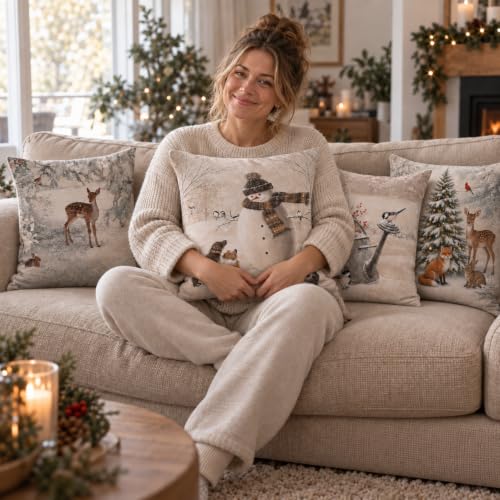 Animals Xmas Throw Pillow Covers Set of 4 - 18x18 Inch Pet Snowman Deer Bird Snow Scene