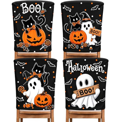 Halloween Chair Back Covers 4-Pack Black Cat Ghost Pumpkin Decor
