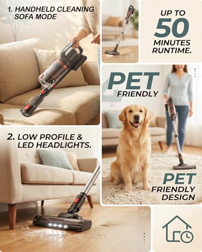 Pet Cordless Stick Vacuum Cleaner with Brushless Motor, Up to 50 Min Runtime