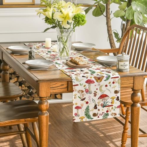 Beige Modern Mushroom Table Runner 13x72 Inch Seasonal Farmhouse Kitchen Decor