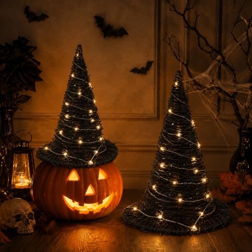 Halloween Rattan Witch Hat Decor with String Lights - 2 Pieces Table Centerpieces