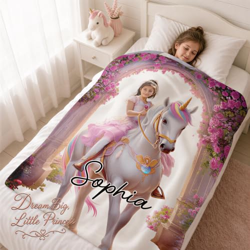 Pink Personalized Unicorn Princess Blanket with Photo and Name for Girls