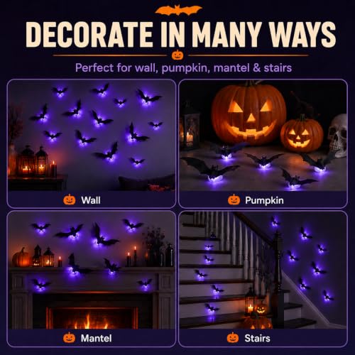 Spooky Glow 3D LED Bat Wall Decor Set - 12 Reusable Hanging Halloween Bats
