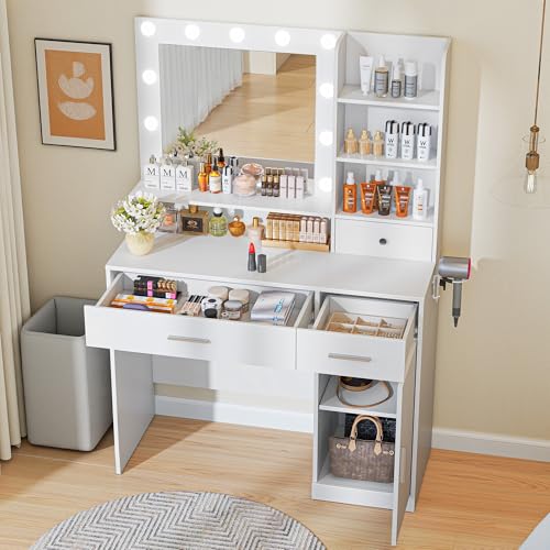 Makeup Vanity Desk with Adjustable LED Lights & Mirror, White