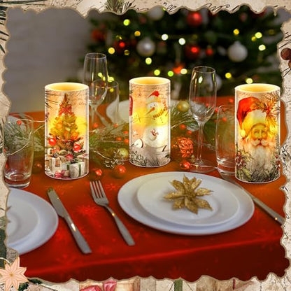 Retro Christmas Flameless Candles Set with Remote Timer - Real Wax LED Pillar Candles, White, 3 Pieces