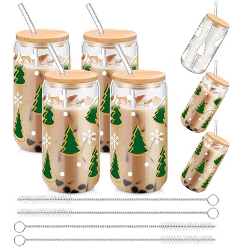 FillTouch 4 Pack Christmas Color Changing Glass Cups 16 oz with Lids & Straws - Variation 4