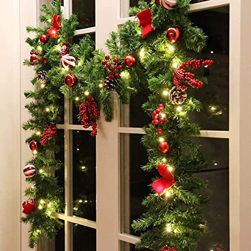 9 FT LED Christmas Garland with Pinecones Berries Bows & Lights