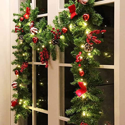 9 FT LED Christmas Garland with Pinecones Berries Bows & Lights