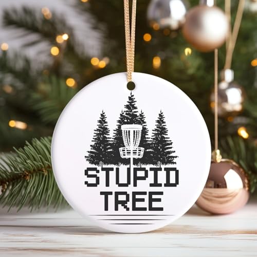 Disc Golf Christmas Ornament Stupid Tree - Funny Holiday Gift for Disc Golfers, 3-Inch Two-Sided Ceramic Decor with Gift Box