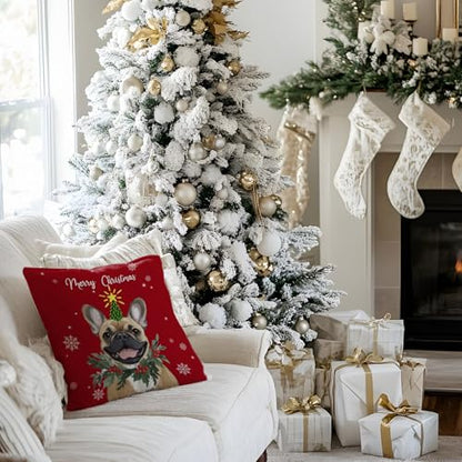 Frenchie Dog Christmas Throw Pillow Cover 18x18 - Red Xmas Snowflake Decor - Color 12