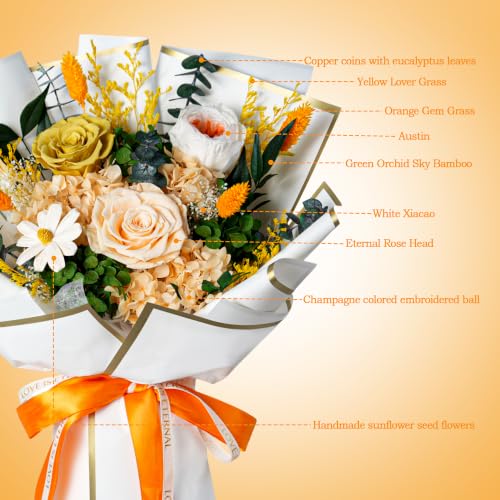 Orange Preserved Rose Flower Bouquet with Shatterproof Vase - Romantic Forever Gift for Anniversary & Valentine’s Day