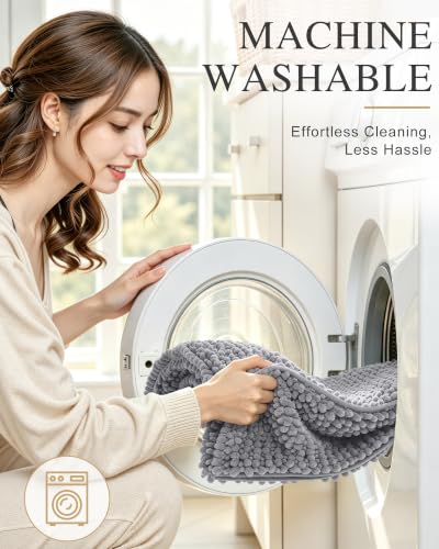 Grey Thick Bathroom Rug 30x20 Chenille Absorbent Non-Slip Bath Mat