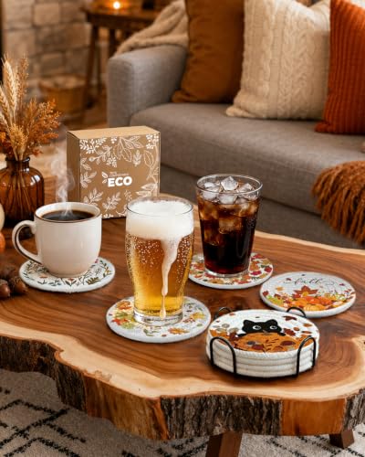 Autumn Pumpkin & Cat Coasters Set of 4 with Holder - Fall Decor