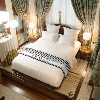 Queen Size Satin Bed Runner Scarf 83x20 Inches - Black White Buffalo Check