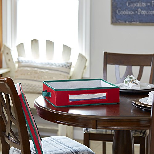 Holiday Charger Plate Storage Box - Red & Green Trim, Holds 12 Plates
