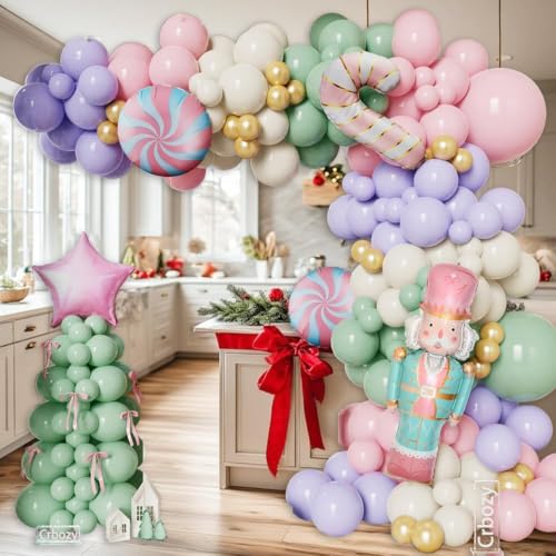 Pastel Christmas Balloon Garland Arch Kit – 176 Pcs with Nutcracker & Candy Cane Foil Balloons – Green, Pink, Purple (Variation: Green Pink Purple)