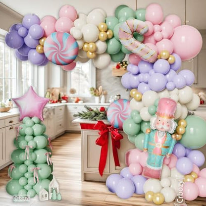 Pastel Christmas Balloon Garland Arch Kit – 176 Pcs with Nutcracker & Candy Cane Foil Balloons – Green, Pink, Purple (Variation: Green Pink Purple)
