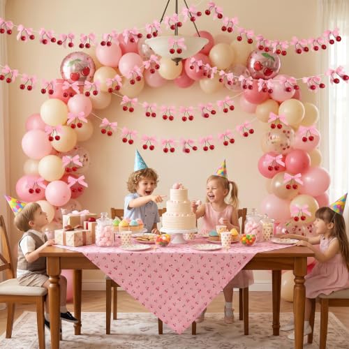 Cherry Party Decorations Set with Pink Bow Garlands for Birthday Baby Shower Wedding