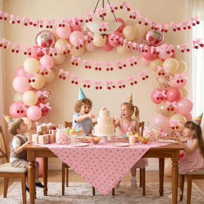Cherry Party Decorations Set with Pink Bow Garlands for Birthday Baby Shower Wedding