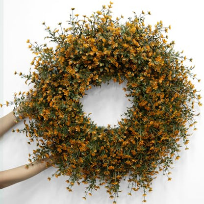 26 Inch Fall Boxwoods Wreath with Orange Accents for Front Door - Home Decor