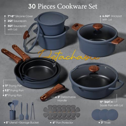 30 Pieces Titanium Cookware Set with Detachable Handles - Oven Safe, Nonstick Pots and Pans