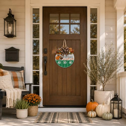 Fall Door Sign for Front Door - White Wooden Football Wreath Decor - Autumn Welcome Sign