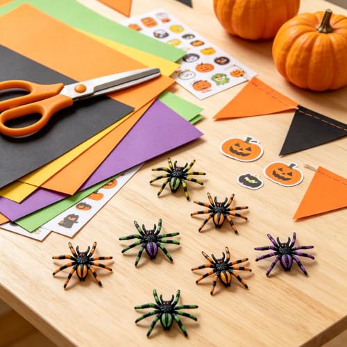 Halloween Plastic Spiders Set of 8 - Patterned, Realistic Decorations