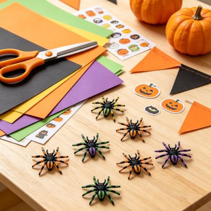 Halloween Plastic Spiders Set of 8 - Patterned, Realistic Decorations