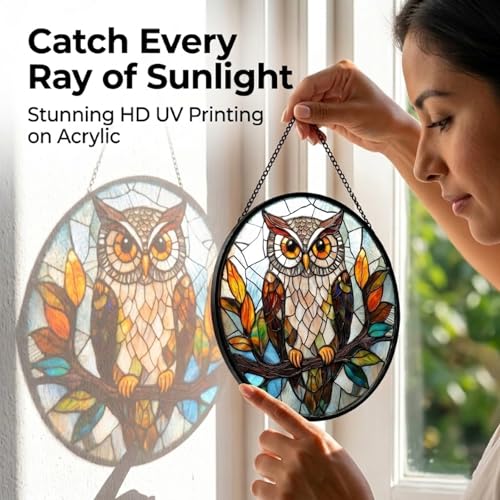 Owl on Branch Sun Catcher Indoor Window Decor 6.3 Inch Brown & Orange