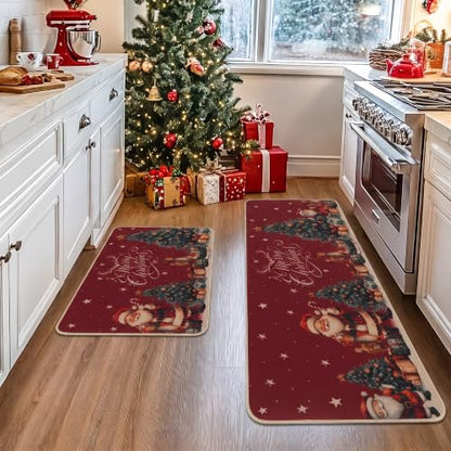 Christmas Kitchen Rugs Set of 2 Non Slip Washable Holiday Mats - Red, Tree Variation (17x30 + 17x47 inches)