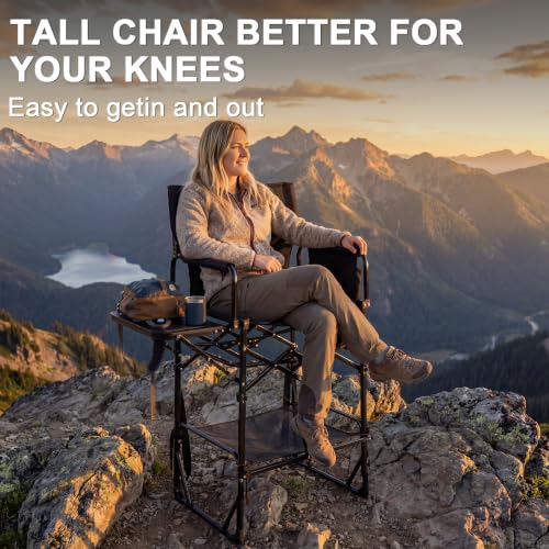 Black Oversized 30-Inch Tall Camping Chair with Side Table & Cup Holder - Supports 400 lbs