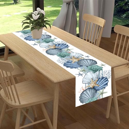 13x90 Inch Coastal Table Runner - Nautical Starfish Coral Shell Beach Ocean Dining Decor - Variation of THIS listing