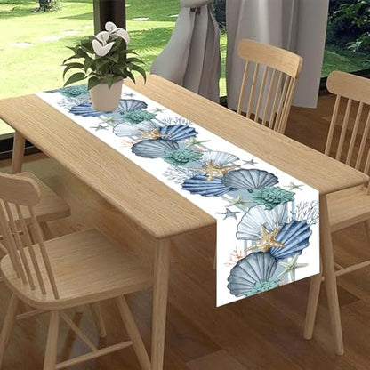 13x90 Inch Coastal Table Runner - Nautical Starfish Coral Shell Beach Ocean Dining Decor - Variation of THIS listing