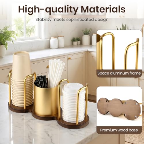 Coffee Cup Dispenser with Straw & Stirrer Storage - Gold, Small (3.35in)