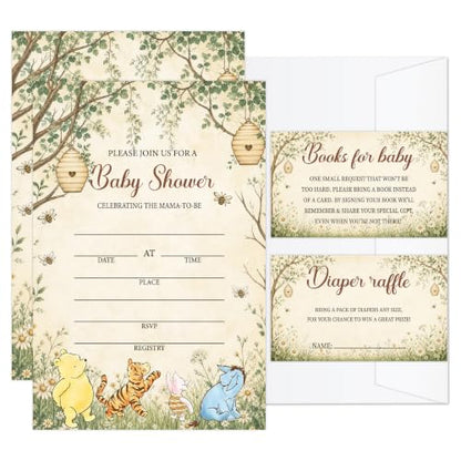 Winnie Baby Shower Invitations Set with Diaper Raffle & Book Request Cards