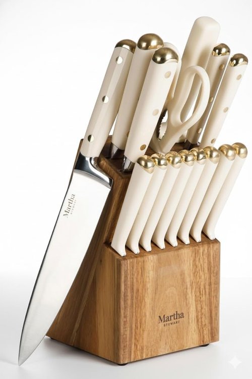 Martha Stewart 16-Piece Knife Block Set - High Carbon Stainless Steel Chef Knives with Acacia Wood Block, Linen White & Gold